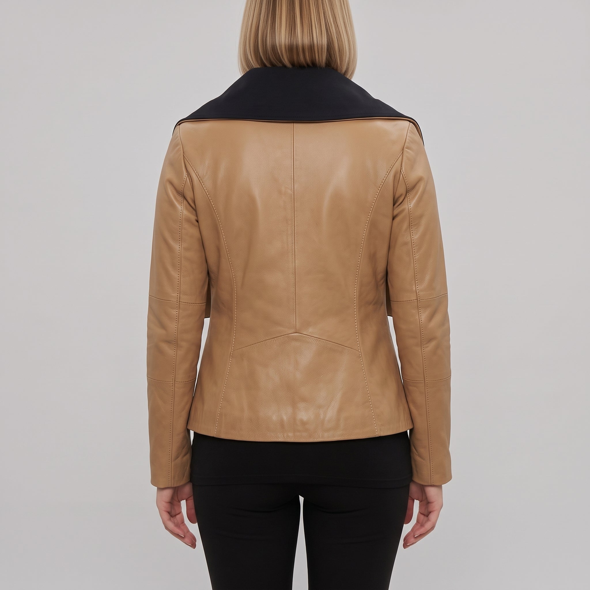 Women's Tan Asymmetrical Zip Leather Biker Jacket — Livingstone
