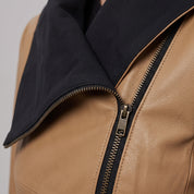 Women's Tan Asymmetrical Zip Leather Biker Jacket — Livingstone