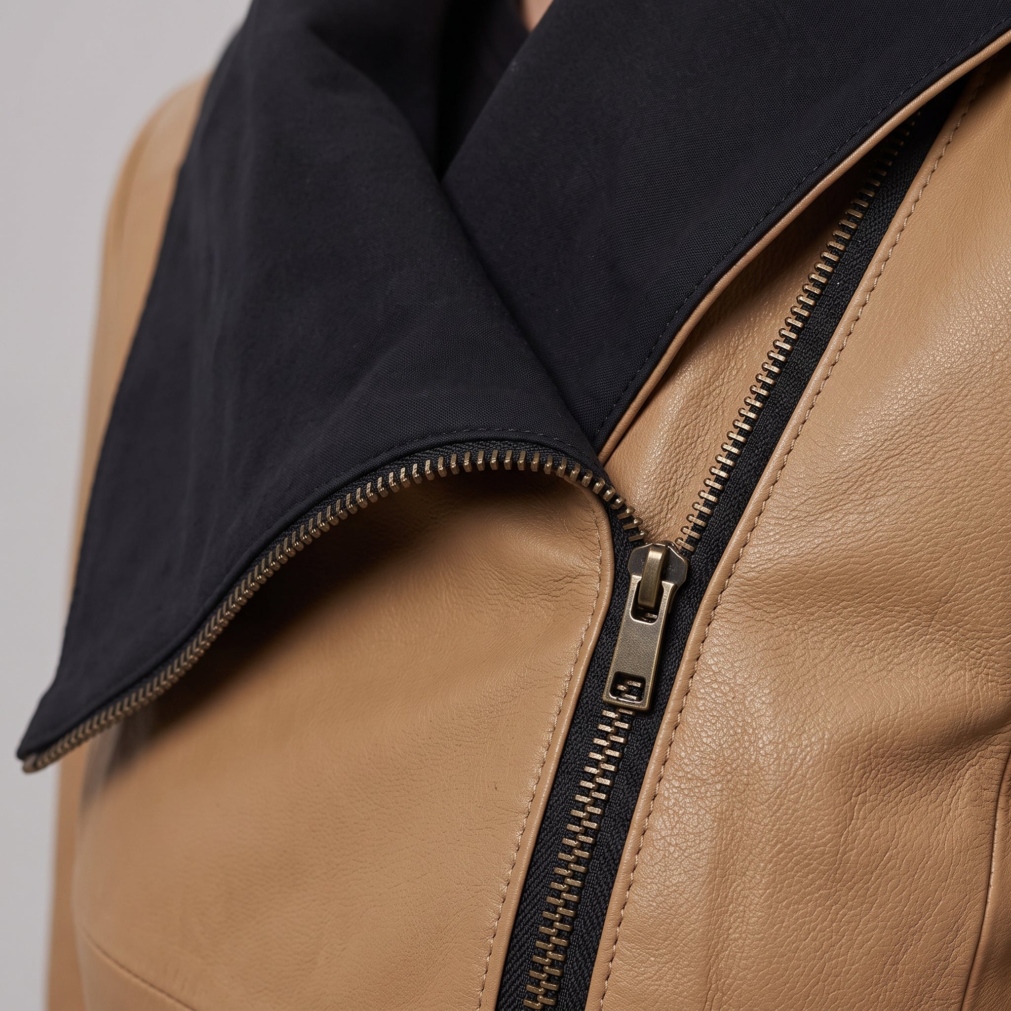Women's Tan Asymmetrical Zip Leather Biker Jacket — Livingstone