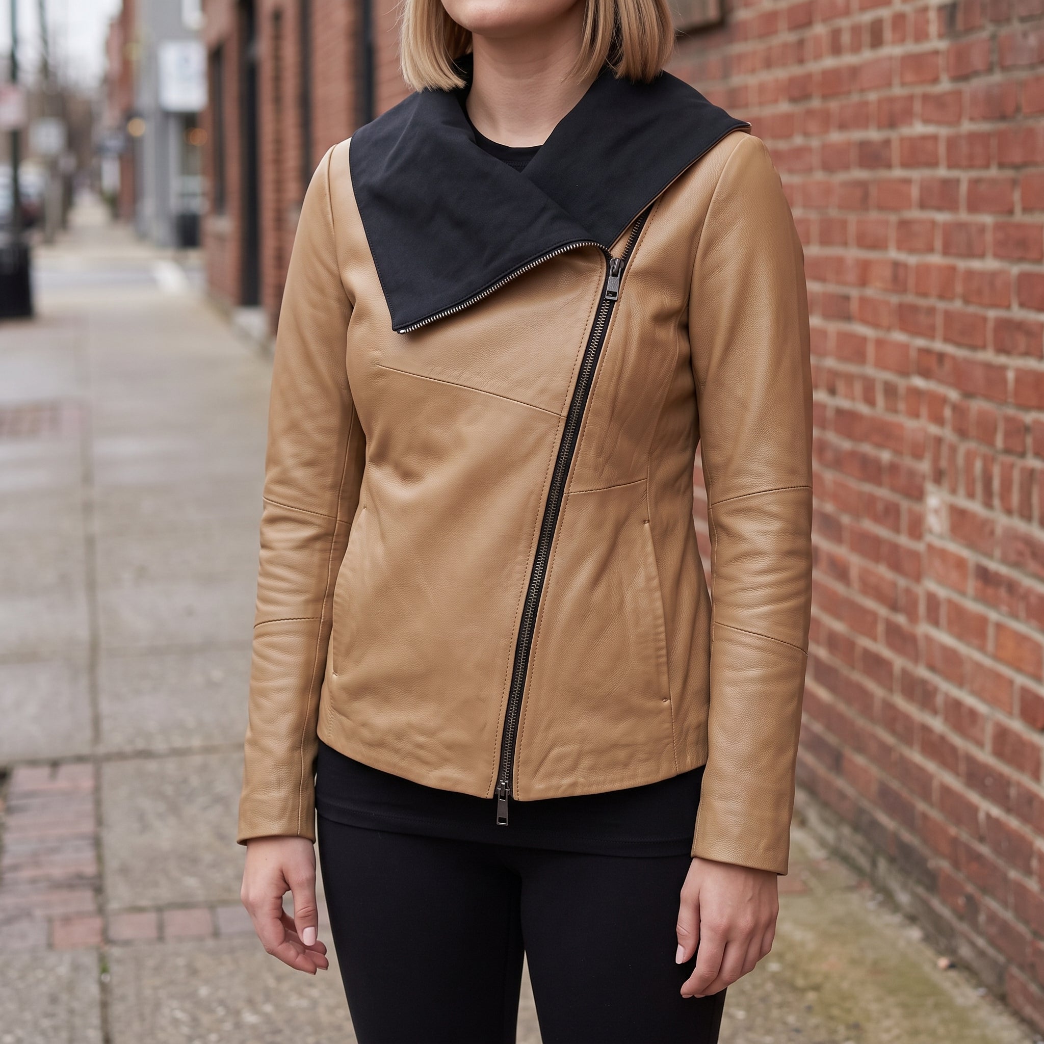Women's Tan Asymmetrical Zip Leather Biker Jacket — Livingstone