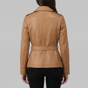 Women's Tan Belted Asymmetric Zipper Leather Biker Jacket — Edson