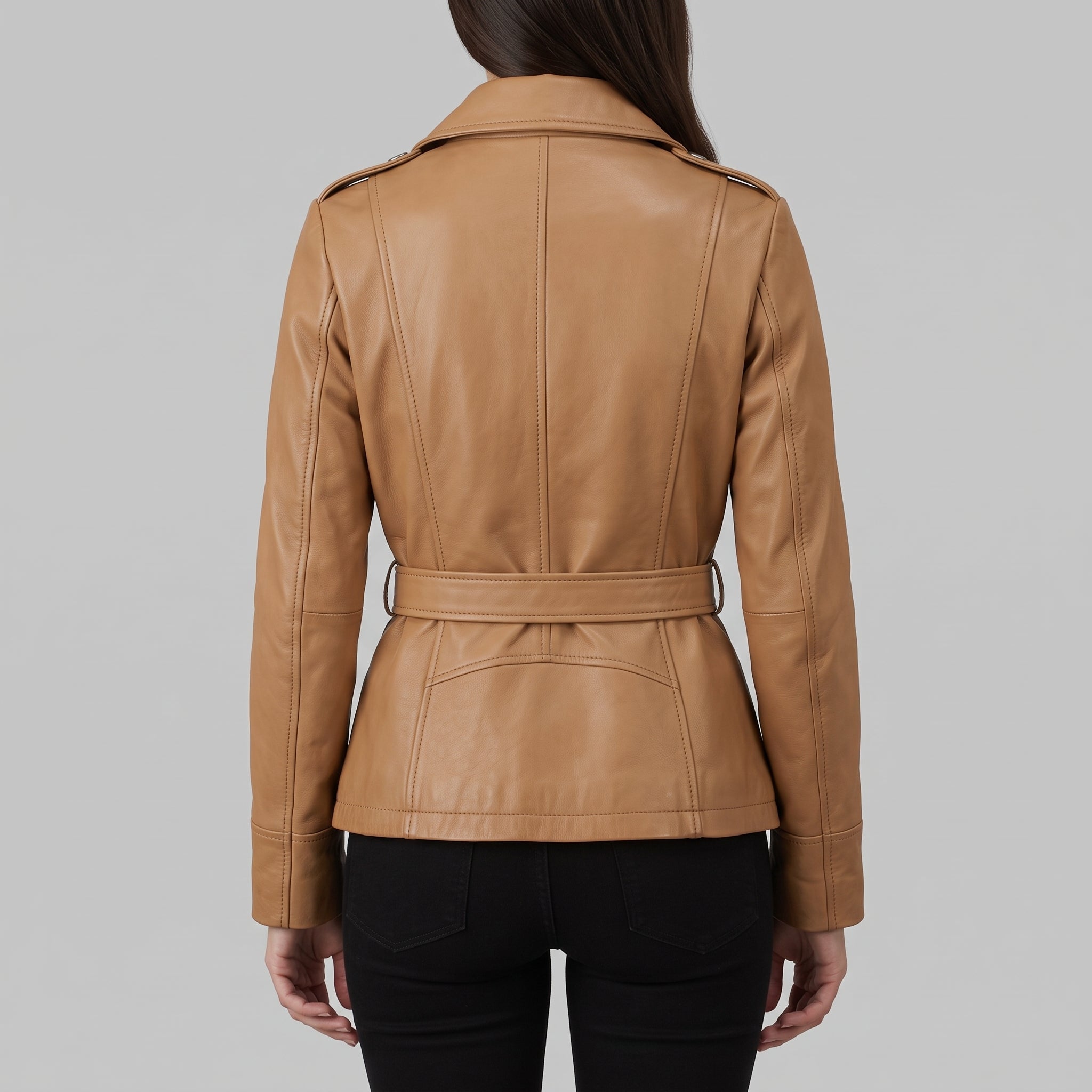 Women's Tan Belted Asymmetric Zipper Leather Biker Jacket — Edson