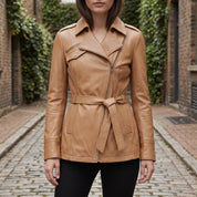 Women's Tan Belted Asymmetric Zipper Leather Biker Jacket — Edson