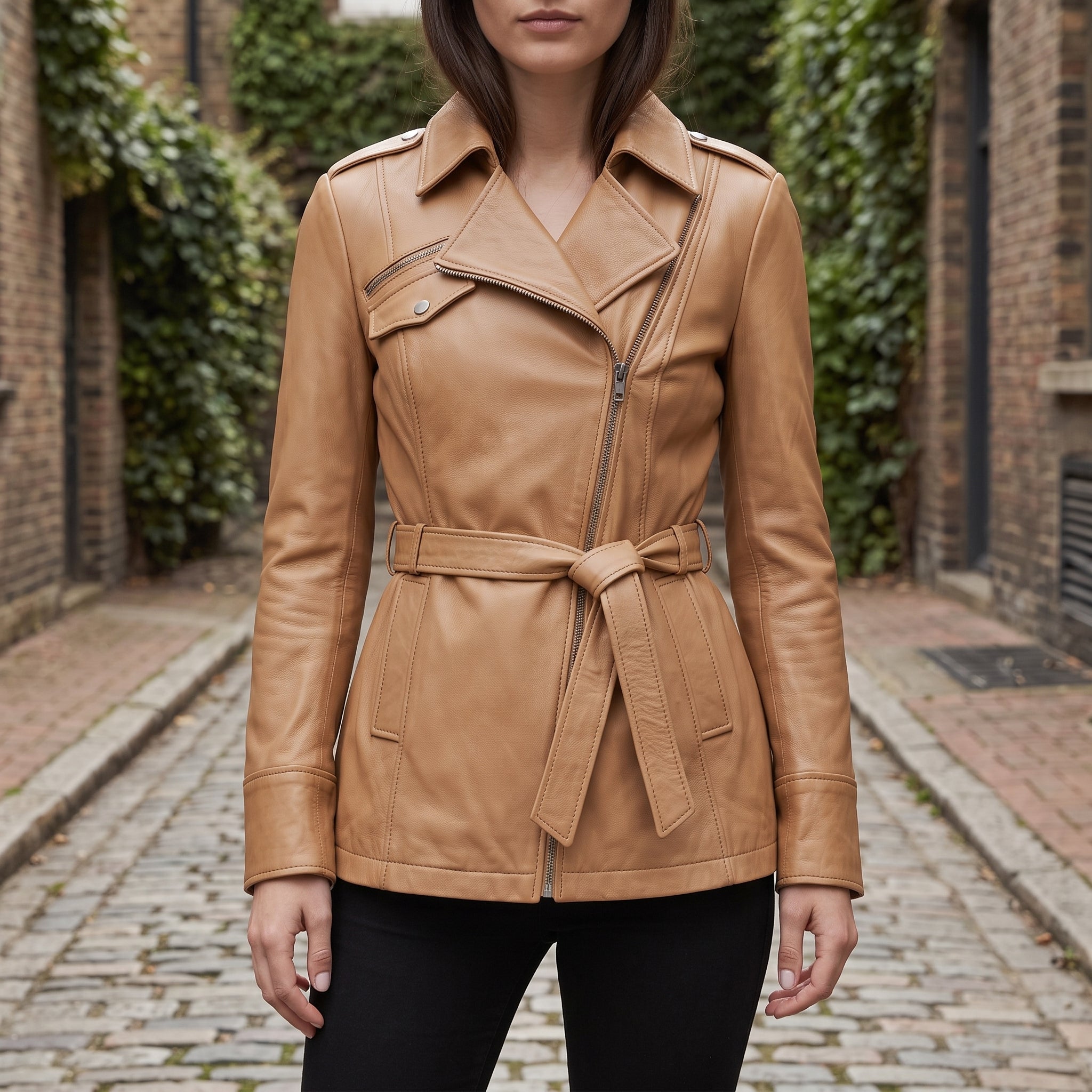 Women's Tan Belted Asymmetric Zipper Leather Biker Jacket — Edson