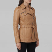 Women's Tan Belted Asymmetric Zipper Leather Biker Jacket — Edson