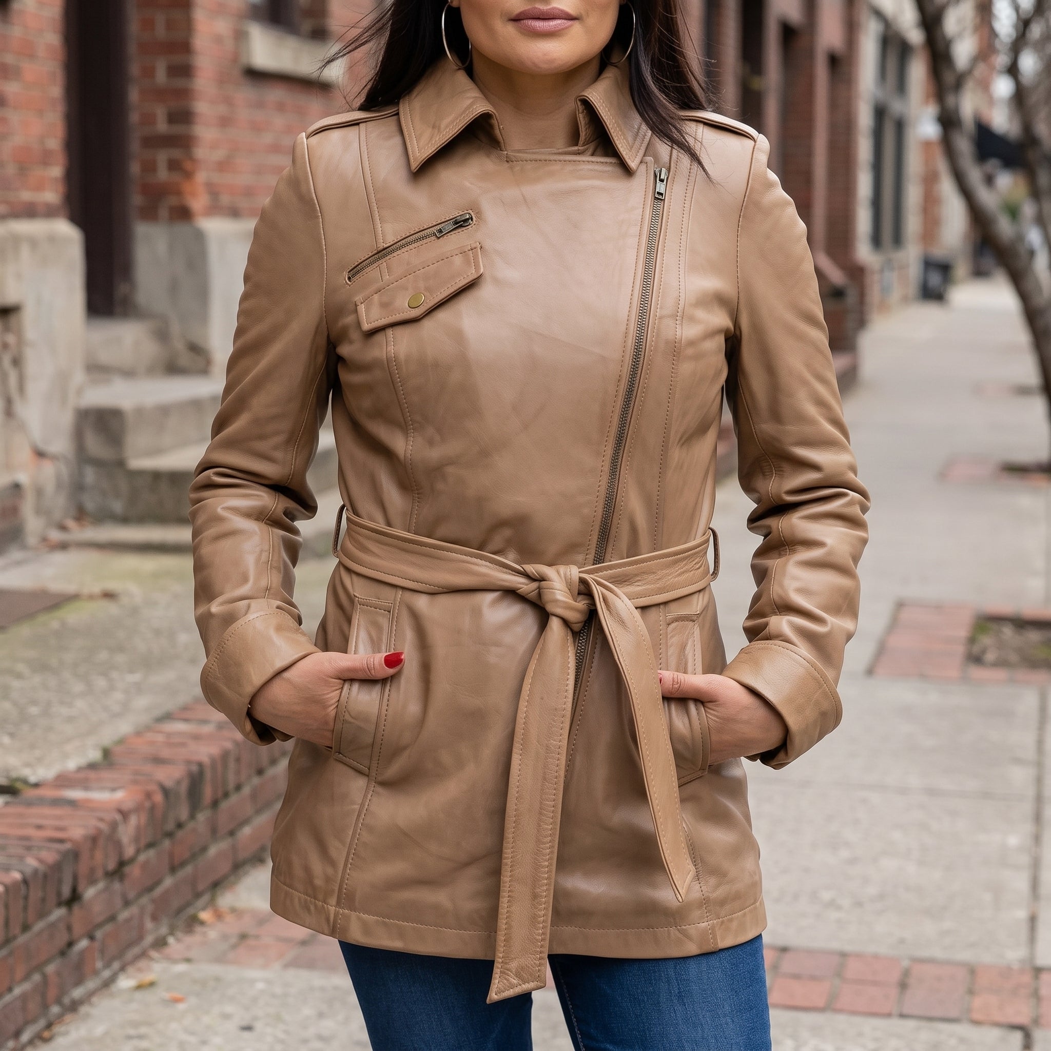 Women's Tan Leather Biker Jacket — Downham