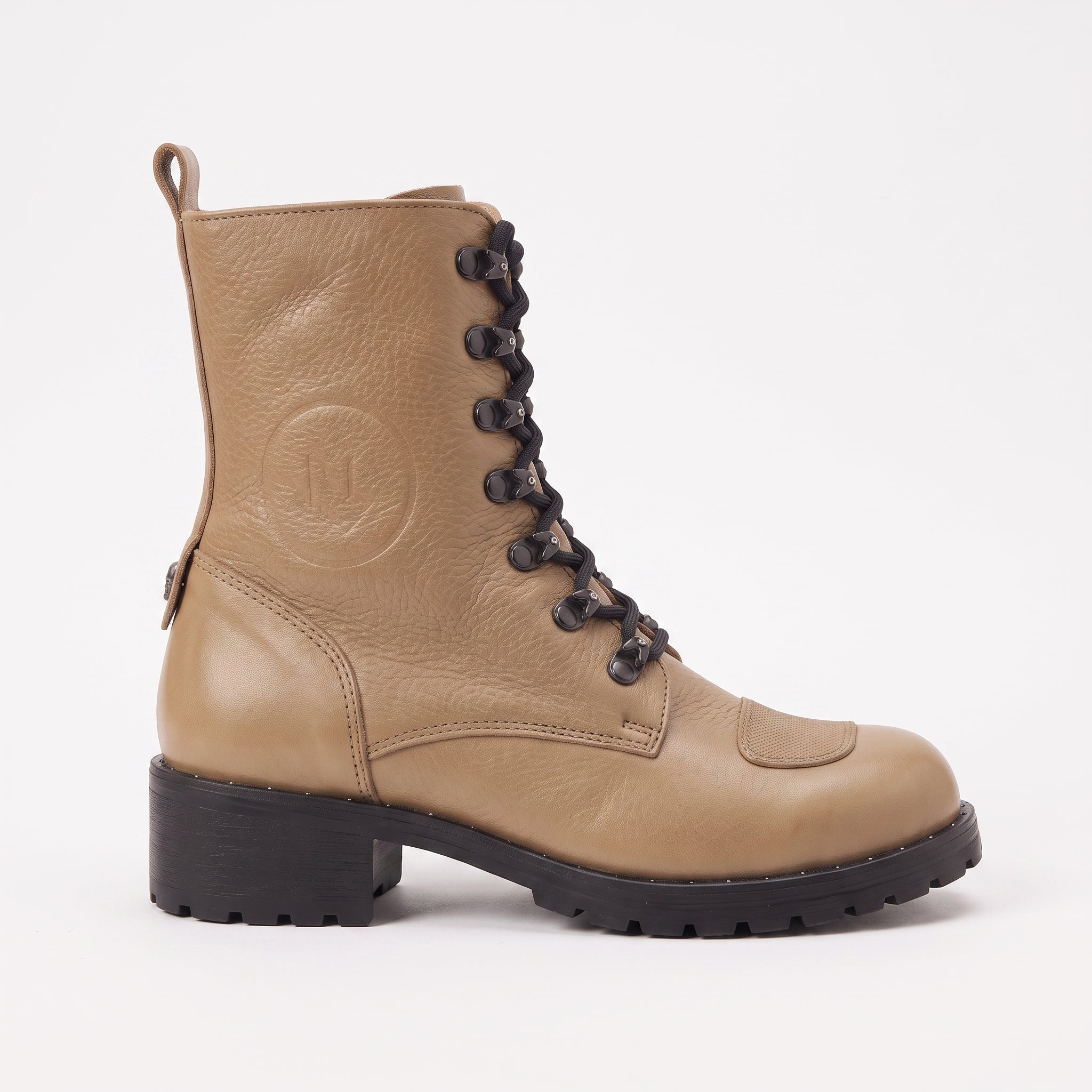 Women's Tan Cap-Toe with Shift Pad Pebbled Leather Biker Boots — Bridport