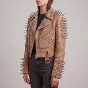 Women's Tan Cropped Leather Perfecto Biker Jacket — Ayrton