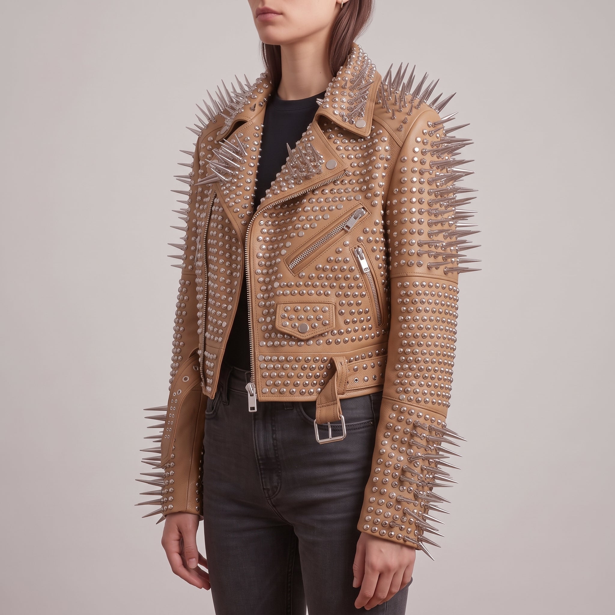 Women's Tan Cropped Leather Perfecto Biker Jacket — Ayrton