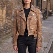 Women's Tan Cropped Leather Perfecto Biker Jacket — Ayrton