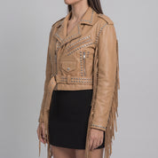 Women's Tan Cropped Studded Fringe Leather Biker Jacket — Abbenshaw