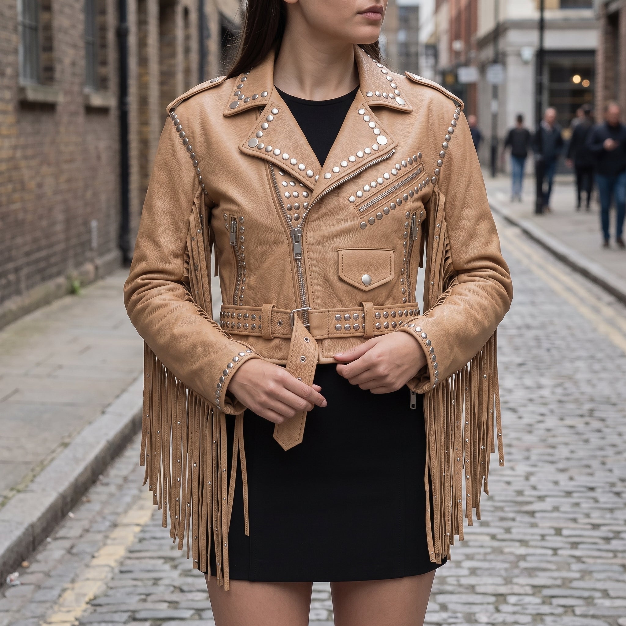 Women's Tan Cropped Studded Fringe Leather Biker Jacket — Abbenshaw