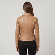 Women's Tan Frill Detail Leather Biker Jacket — Alcester