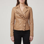 Women's Tan Frill Detail Leather Biker Jacket — Alcester