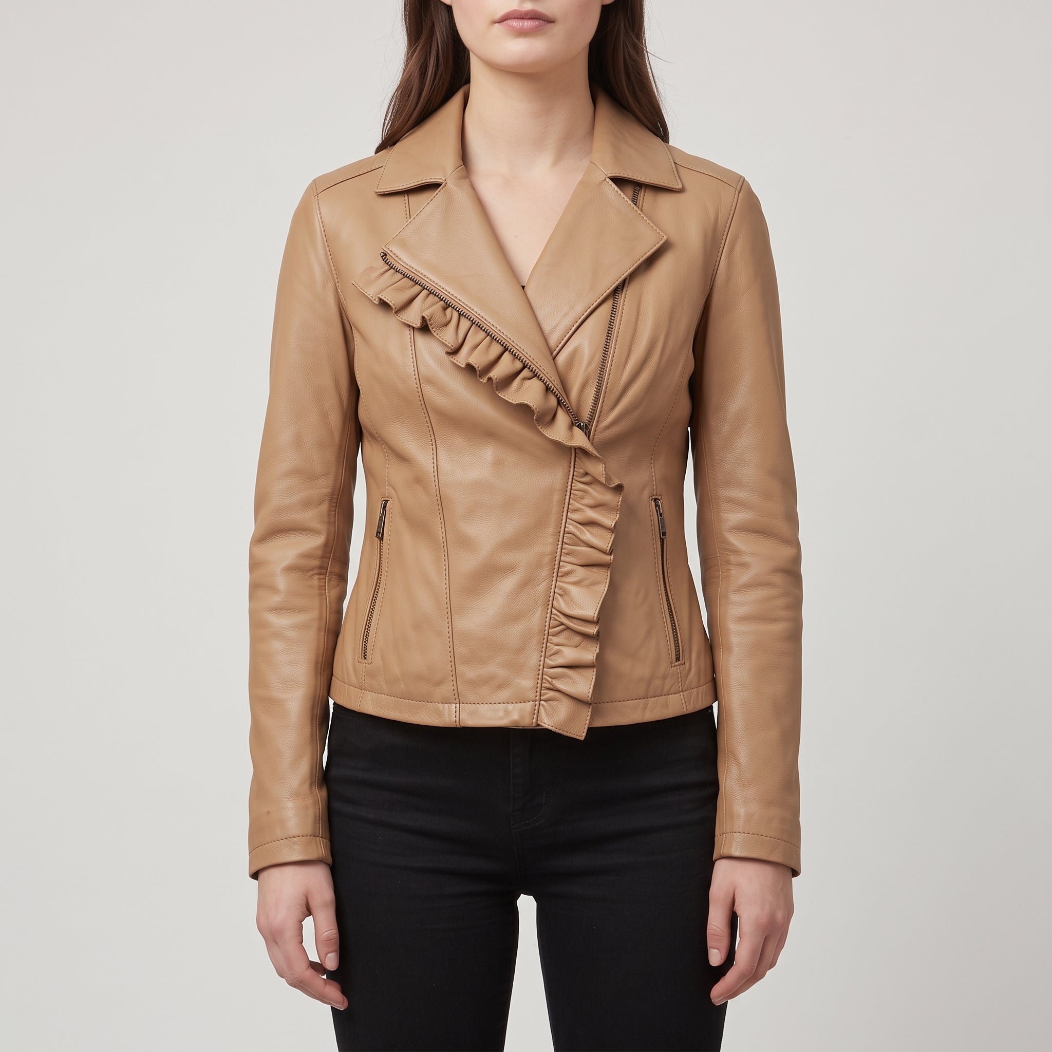 Women's Tan Frill Detail Leather Biker Jacket — Alcester