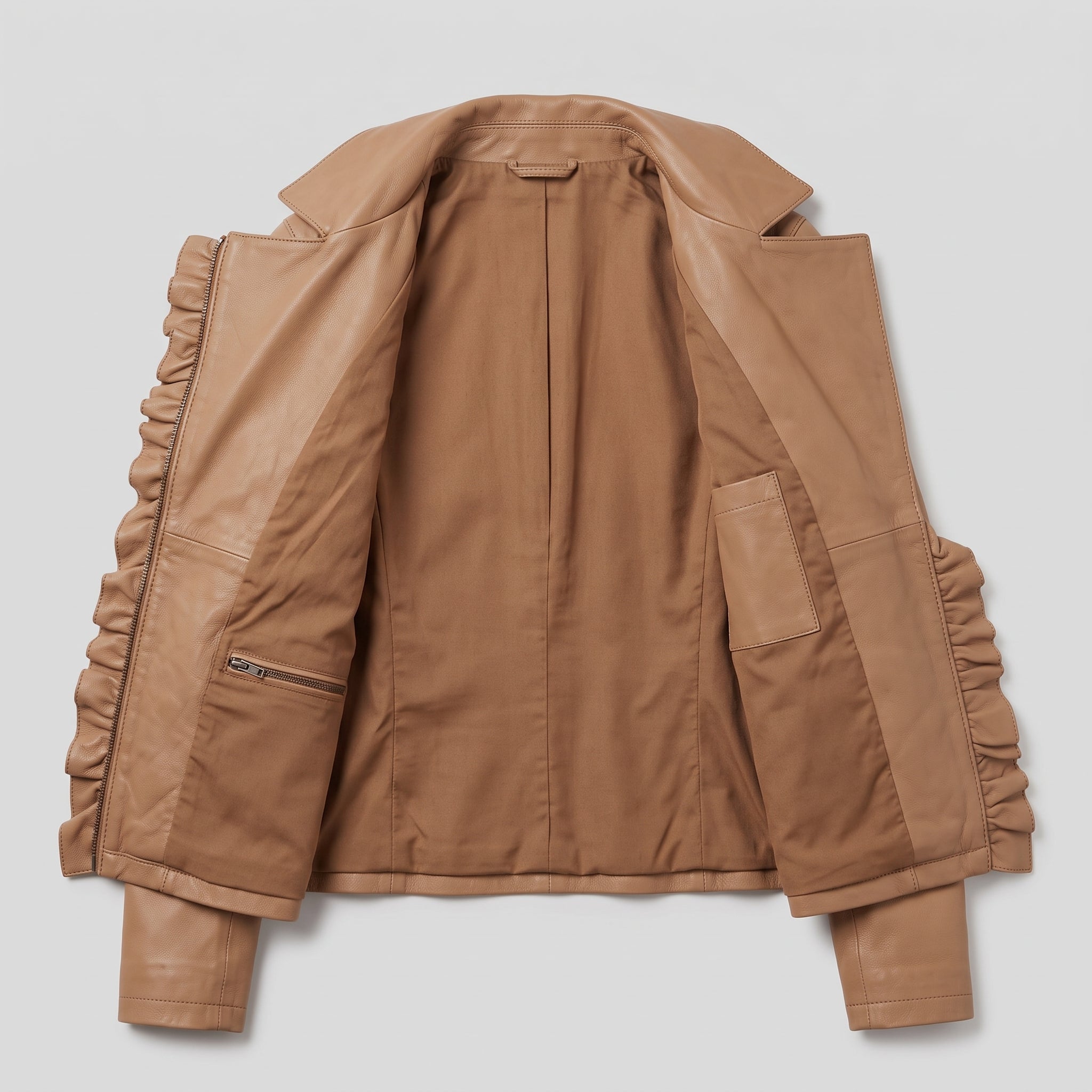 Women's Tan Frill Detail Leather Biker Jacket — Alcester