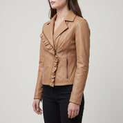 Women's Tan Frill Detail Leather Biker Jacket — Alcester