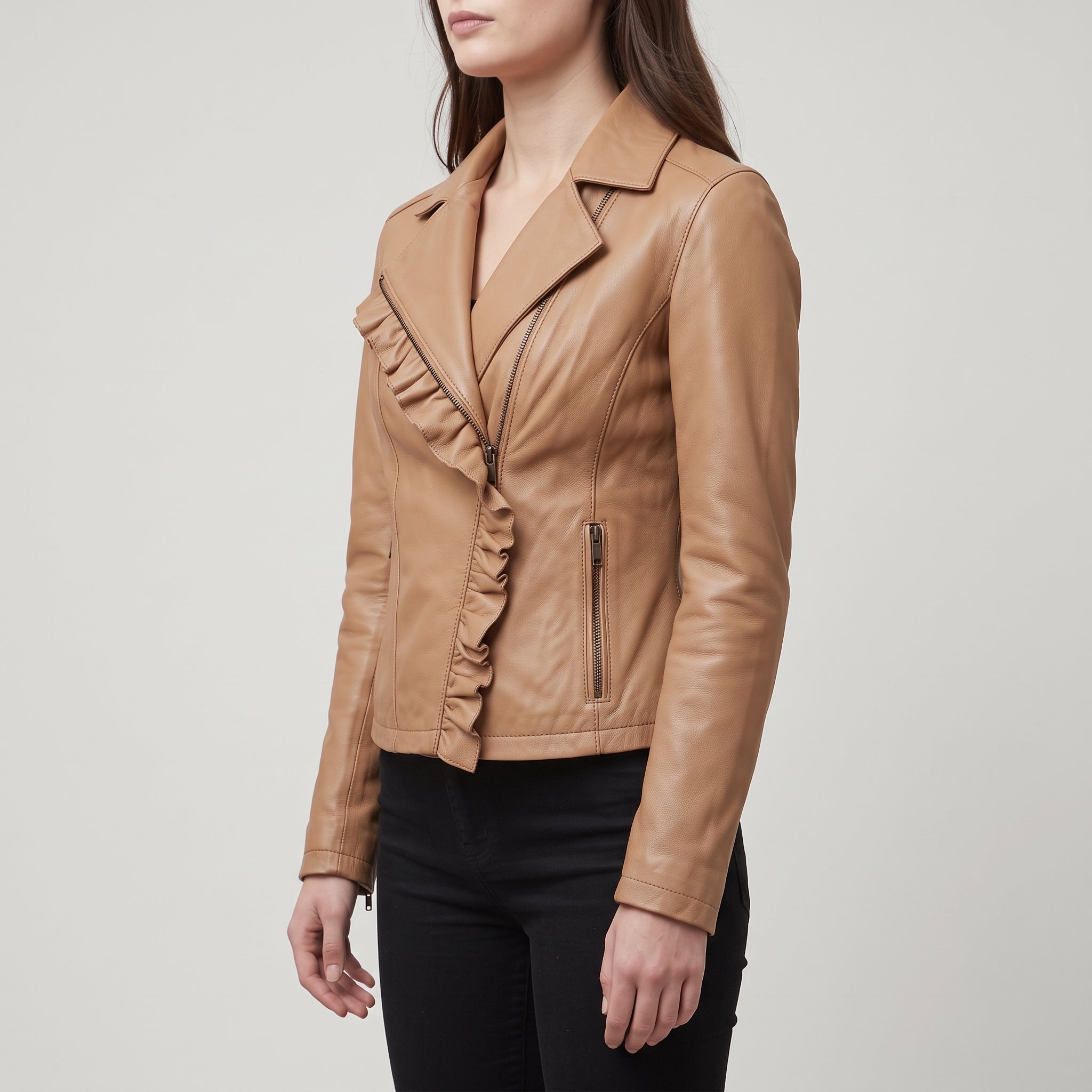 Women's Tan Frill Detail Leather Biker Jacket — Alcester