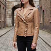 Women's Tan Frill Detail Leather Biker Jacket — Alcester