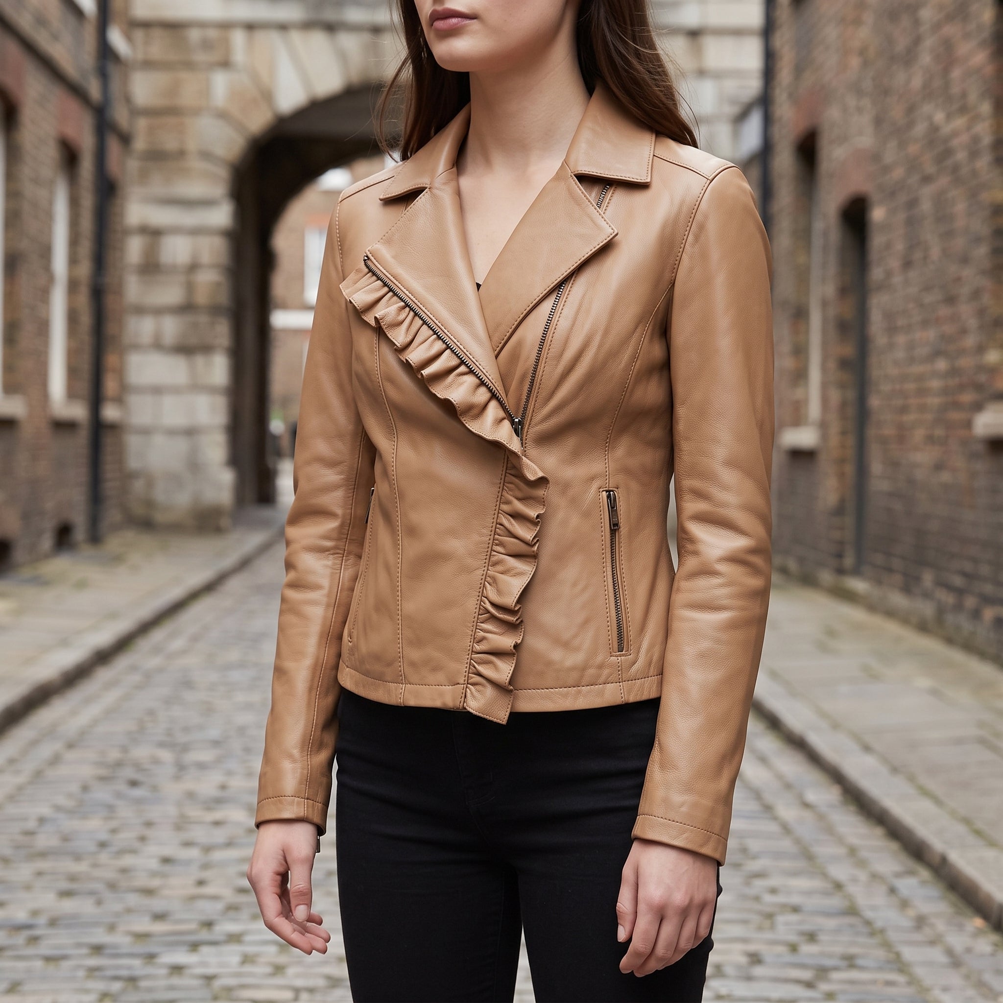 Women's Tan Frill Detail Leather Biker Jacket — Alcester