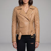 Women's Tan Golden Spiked Studded Leather Biker Jacket — Buckley