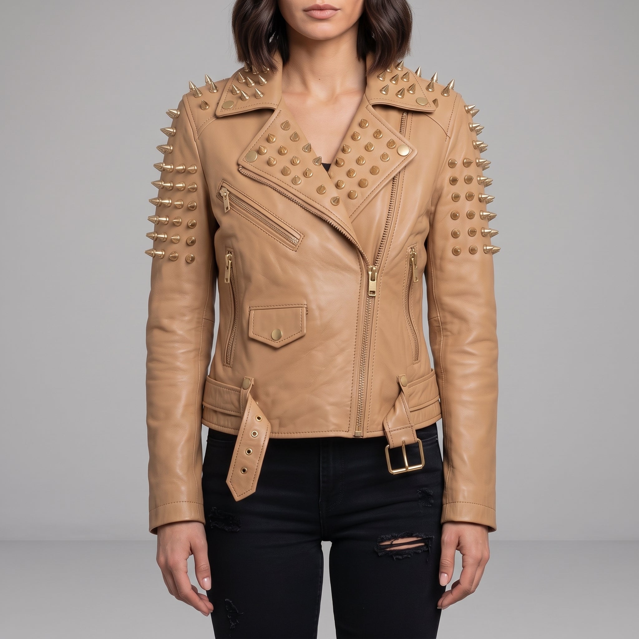Women's Tan Golden Spiked Studded Leather Biker Jacket — Buckley