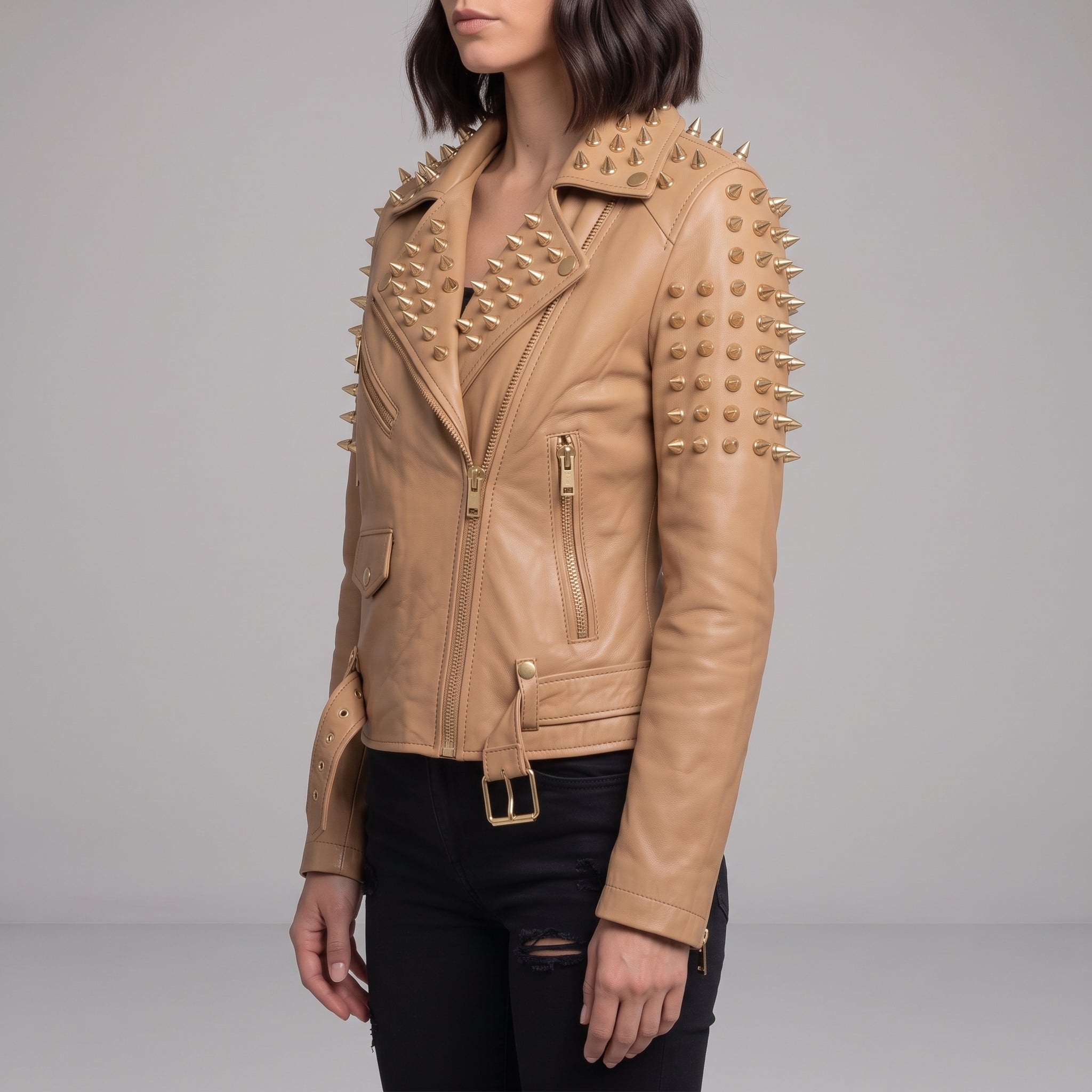 Women's Tan Golden Spiked Studded Leather Biker Jacket — Buckley