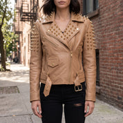 Women's Tan Golden Spiked Studded Leather Biker Jacket — Buckley