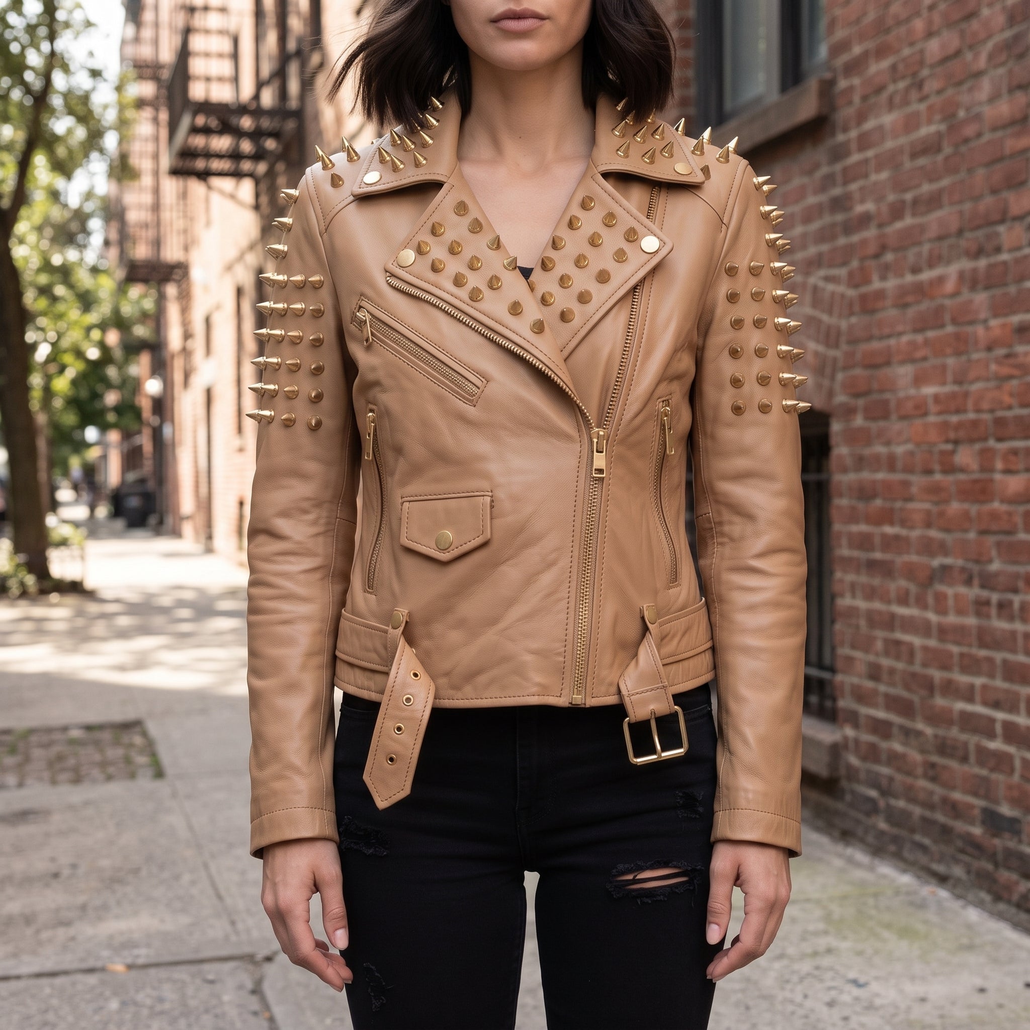 Women's Tan Golden Spiked Studded Leather Biker Jacket — Buckley