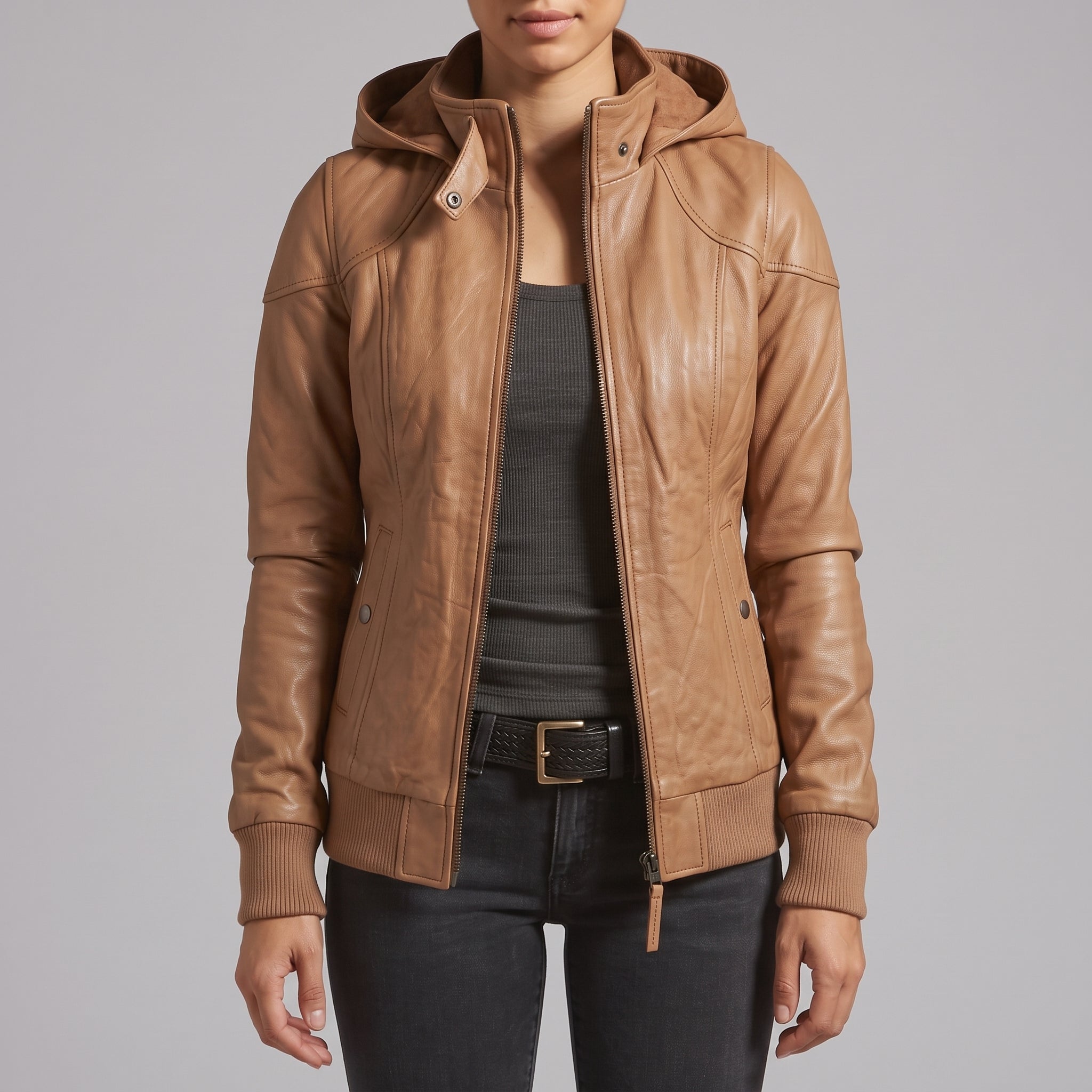 Women's Tan Hooded Leather Bomber Jacket — Arnott