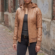 Women's Tan Hooded Leather Bomber Jacket — Arnott