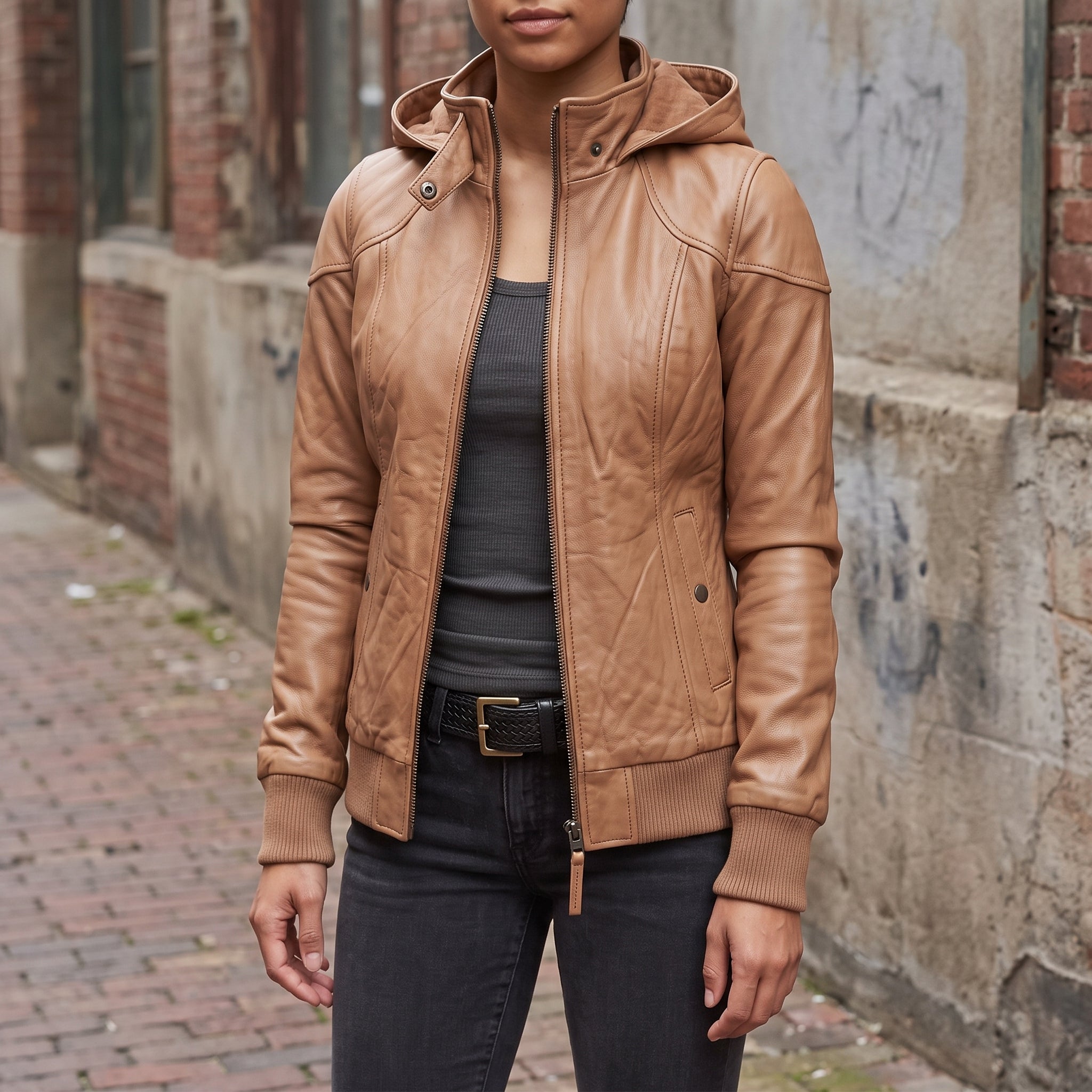 Women's Tan Hooded Leather Bomber Jacket — Arnott