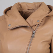 Women's Tan Hooded Leather Jacket — Strode