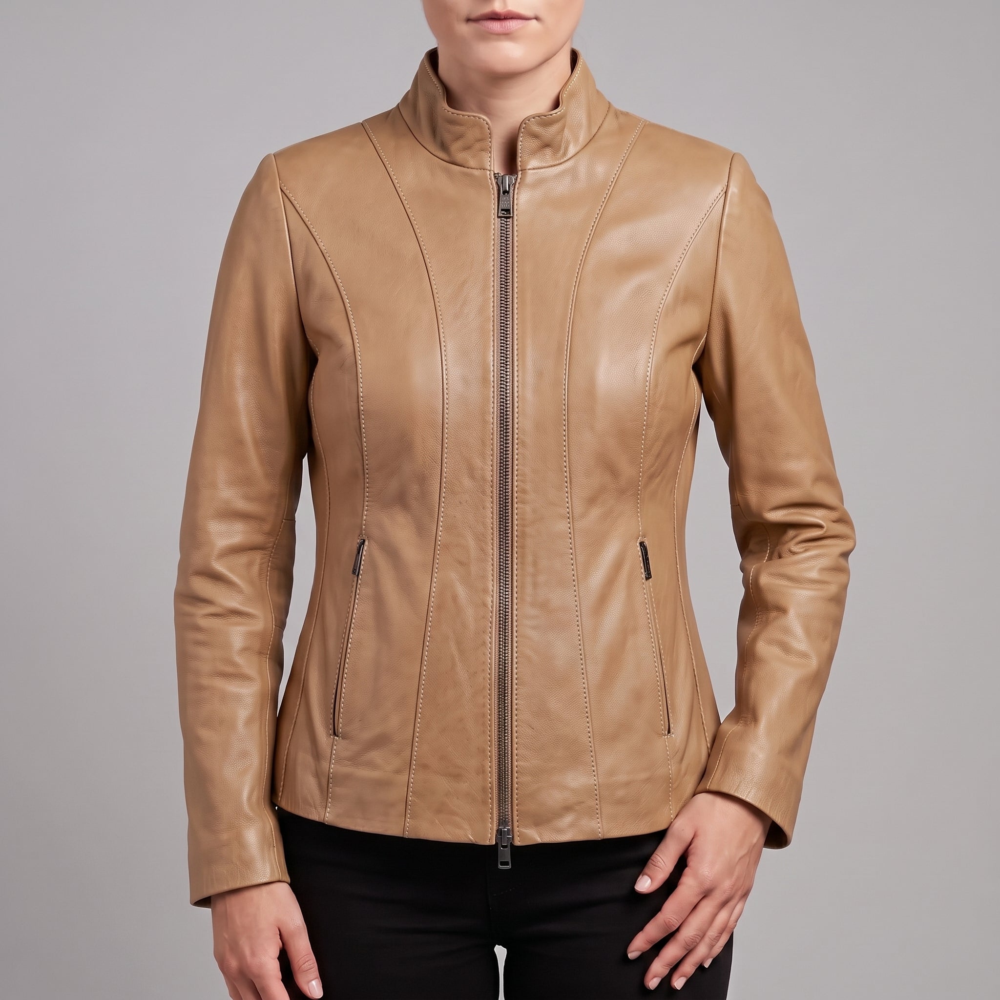 Women's Tan Leather Biker Jacket — Ackridge