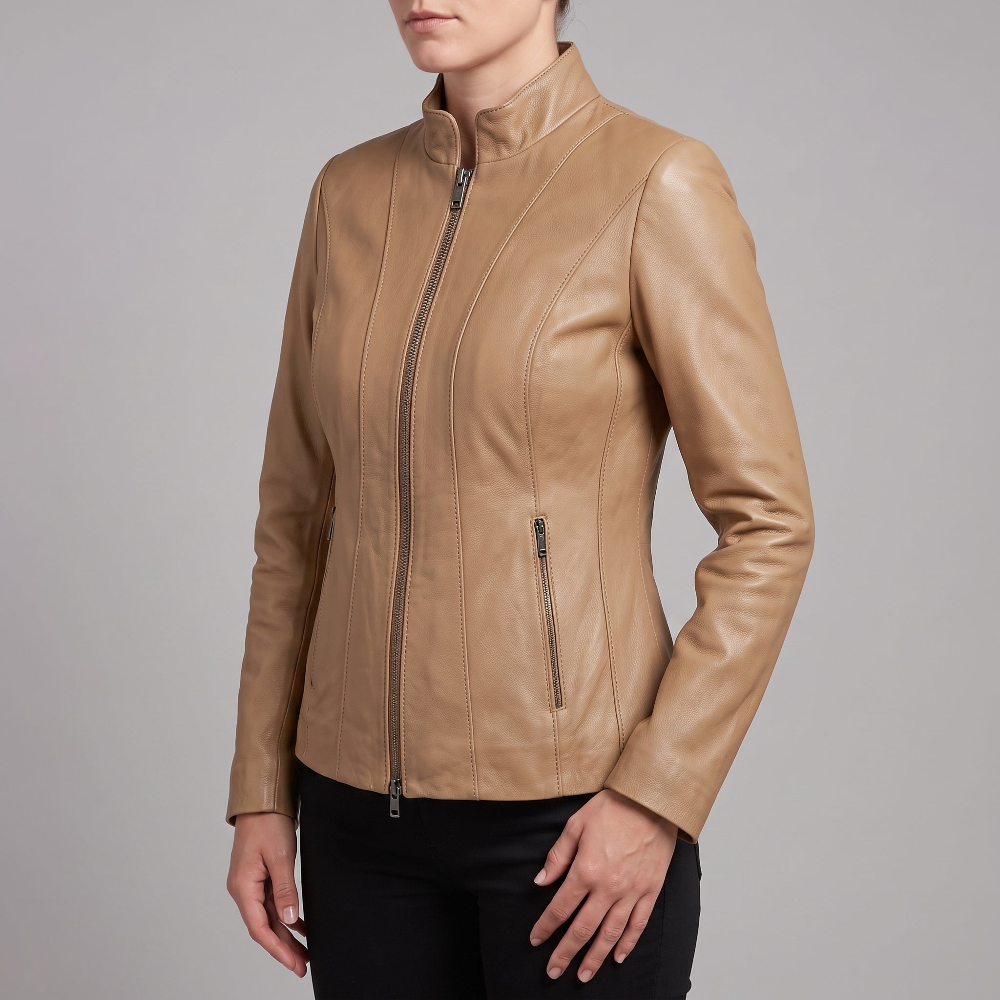 Women's Tan Leather Biker Jacket — Ackridge
