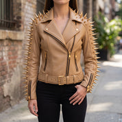 Women's Tan Leather Biker Jacket — Acley