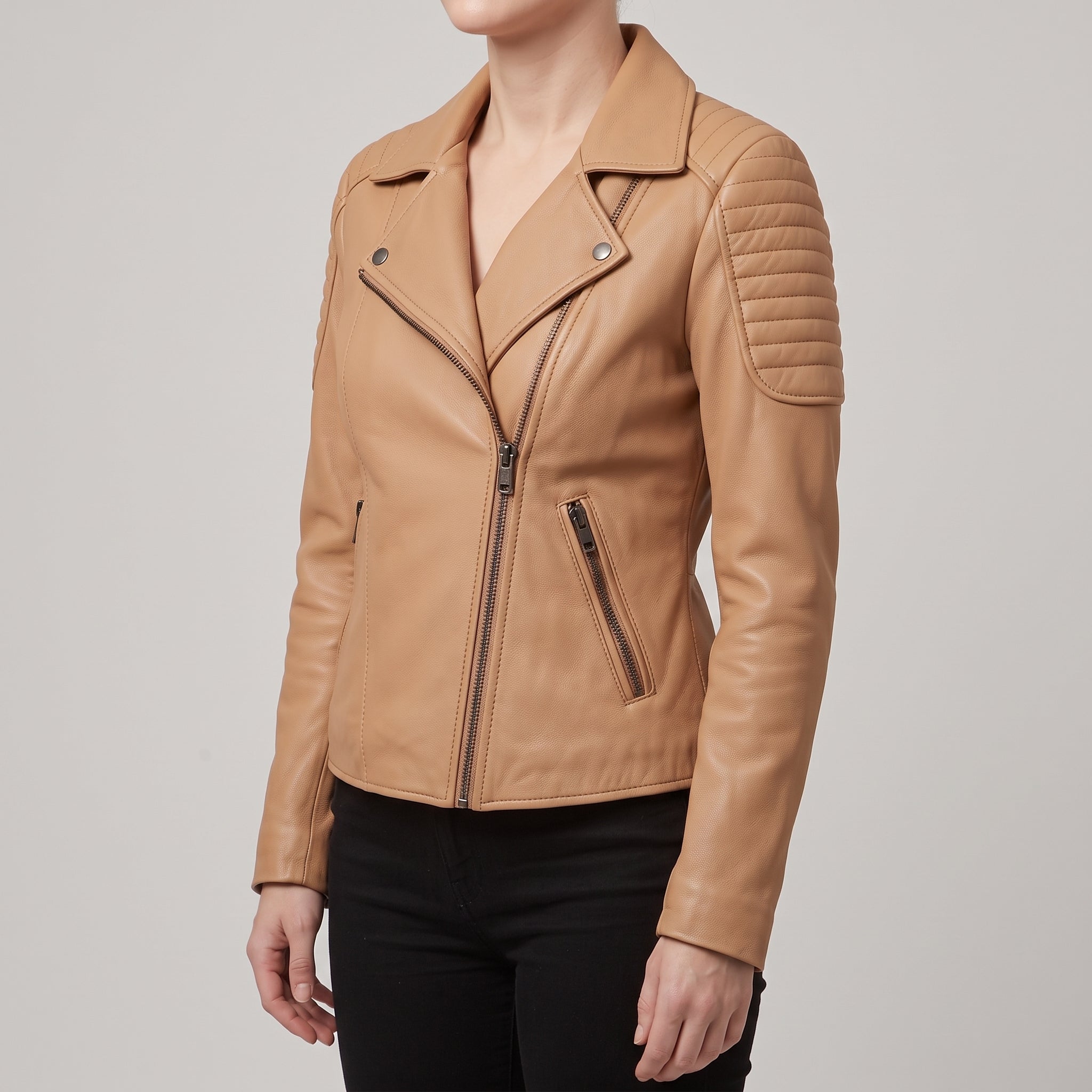 Women's Tan Leather Biker Jacket — Bagendon