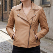 Women's Tan Leather Biker Jacket — Bagendon