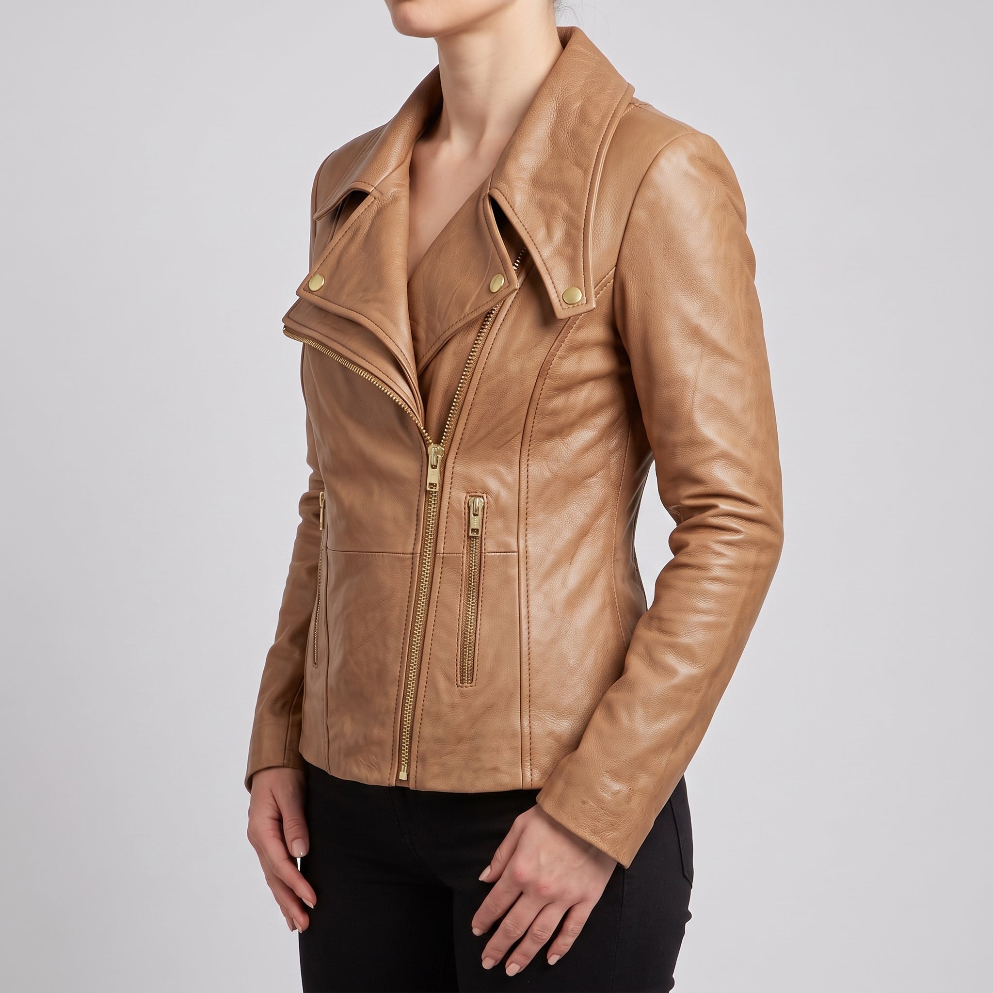 Women's Tan Leather Biker Jacket — Darley
