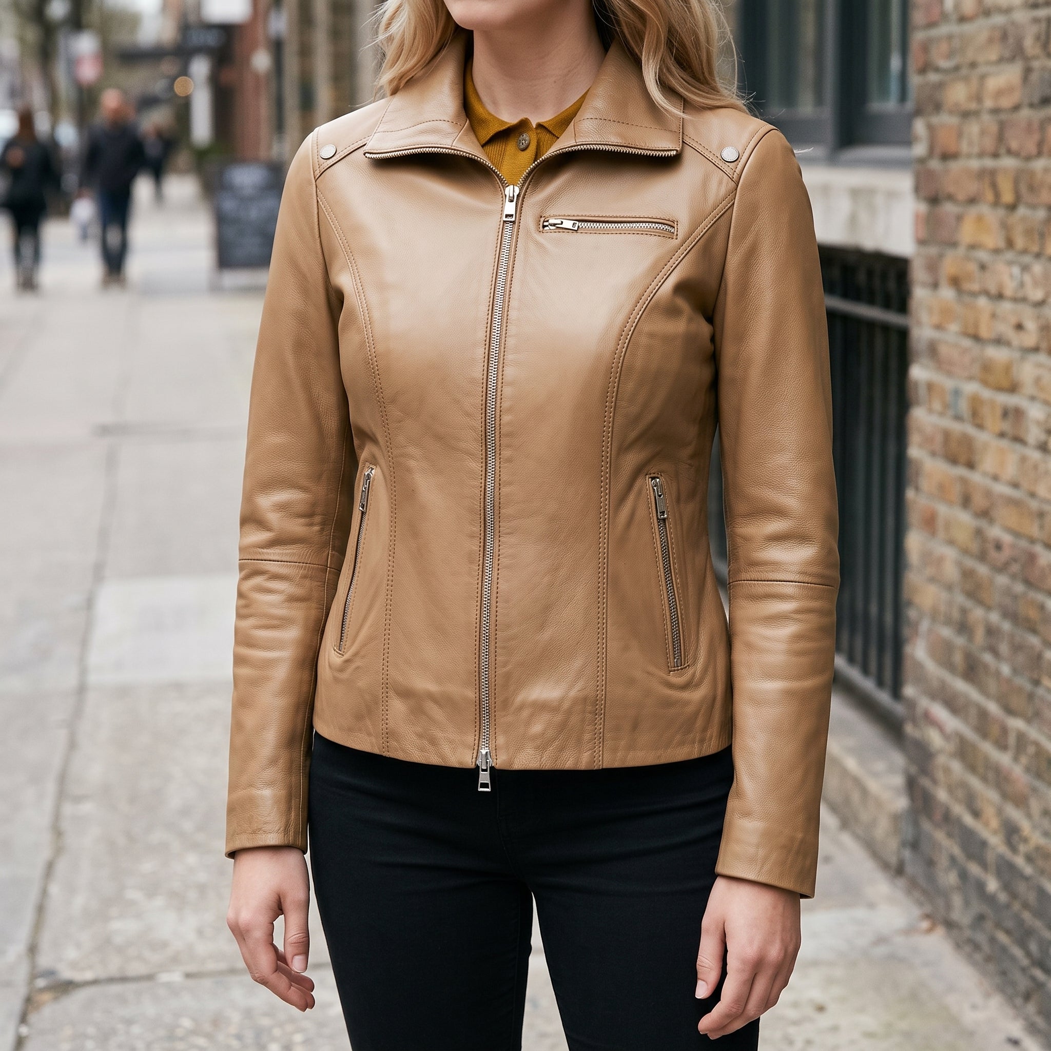 Women's Tan Leather Biker Jacket — Drayford