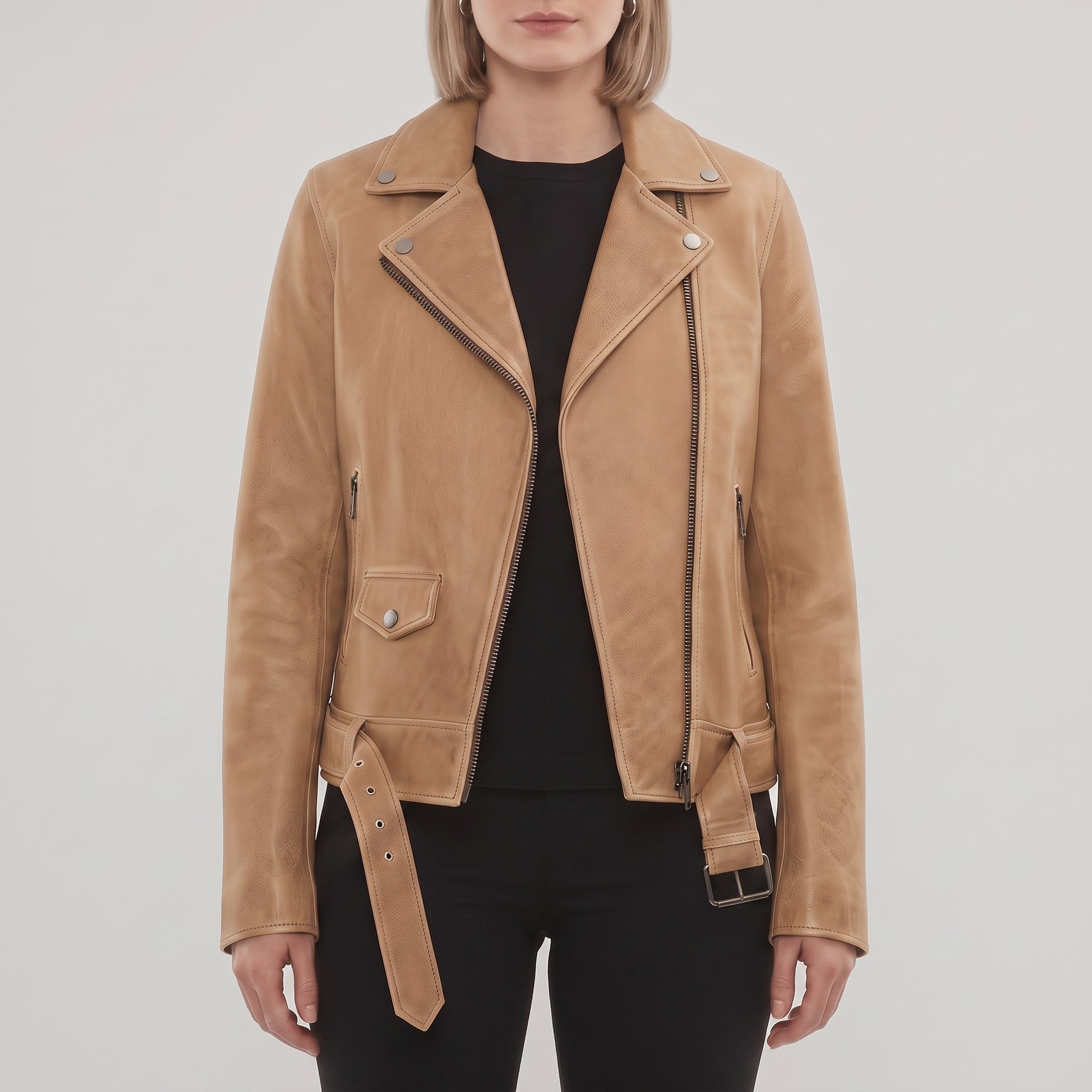 Women's Tan Leather Biker Jacket — Hobson