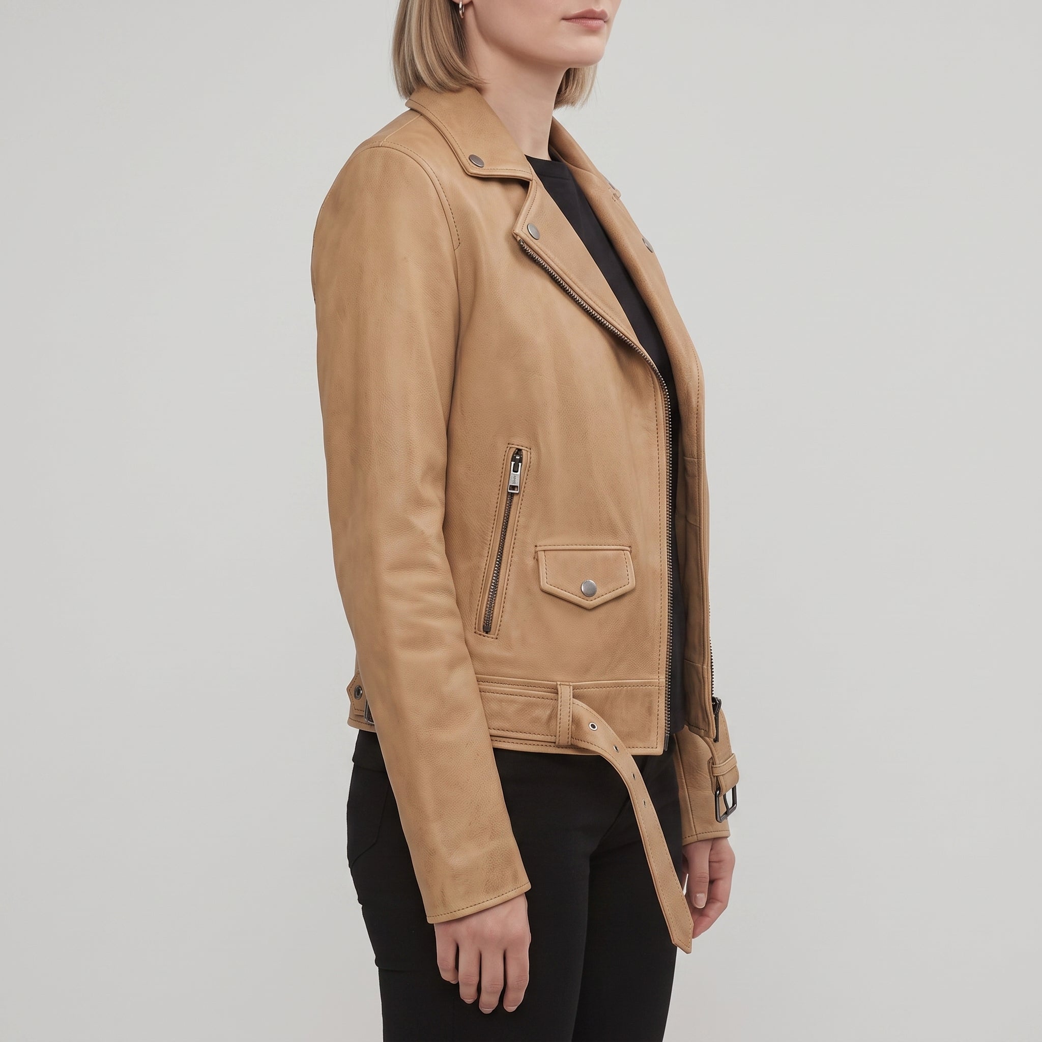Women's Tan Leather Biker Jacket — Hobson