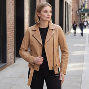 Women's Tan Leather Biker Jacket — Hobson