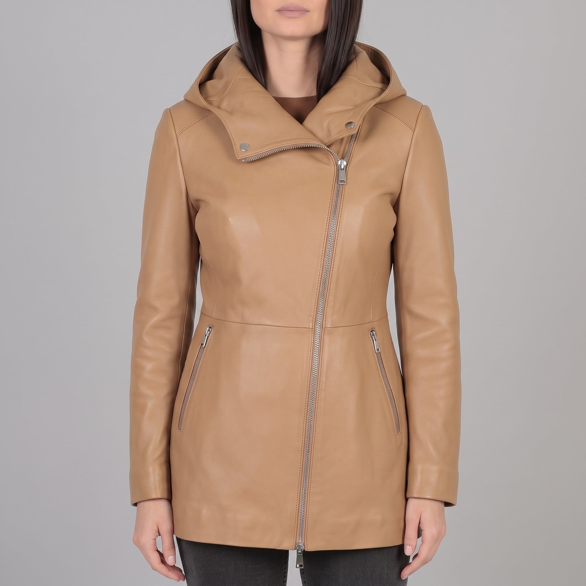 Women's Tan Hooded Leather Jacket — Strode