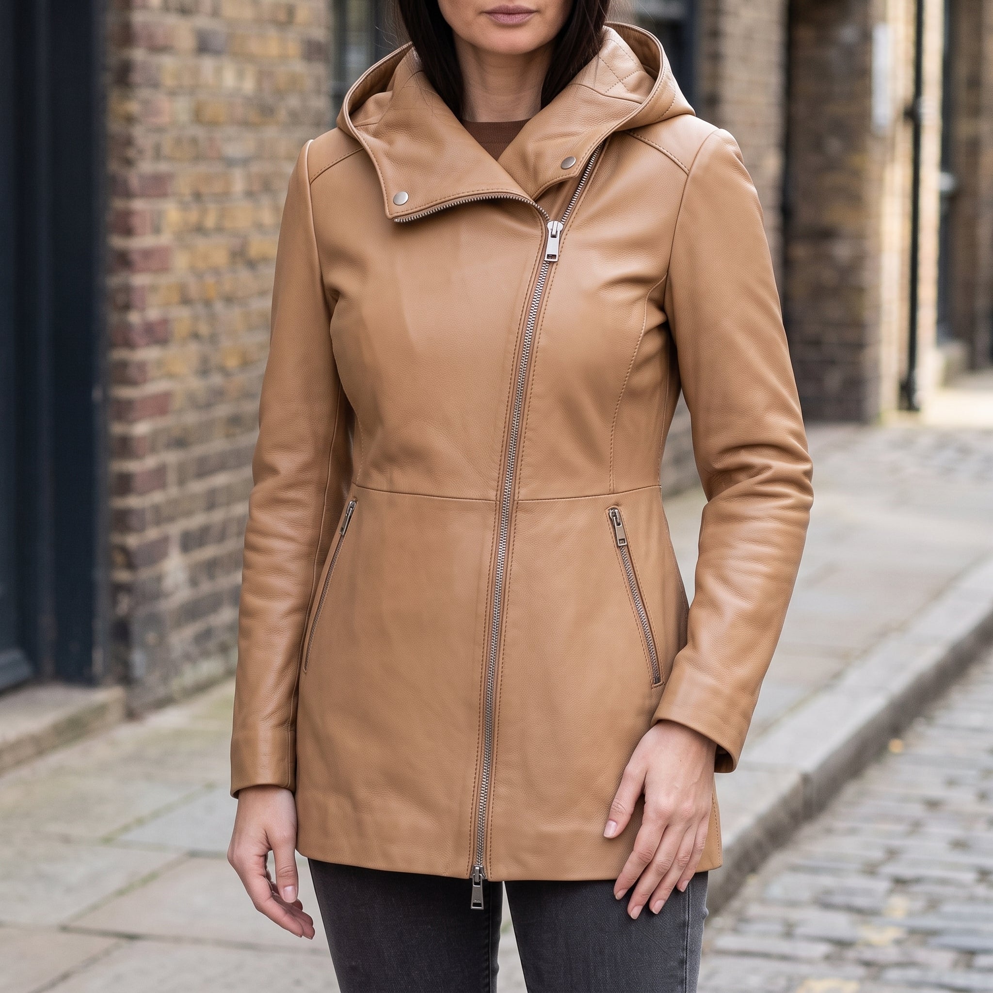 Women's Tan Hooded Leather Jacket — Strode