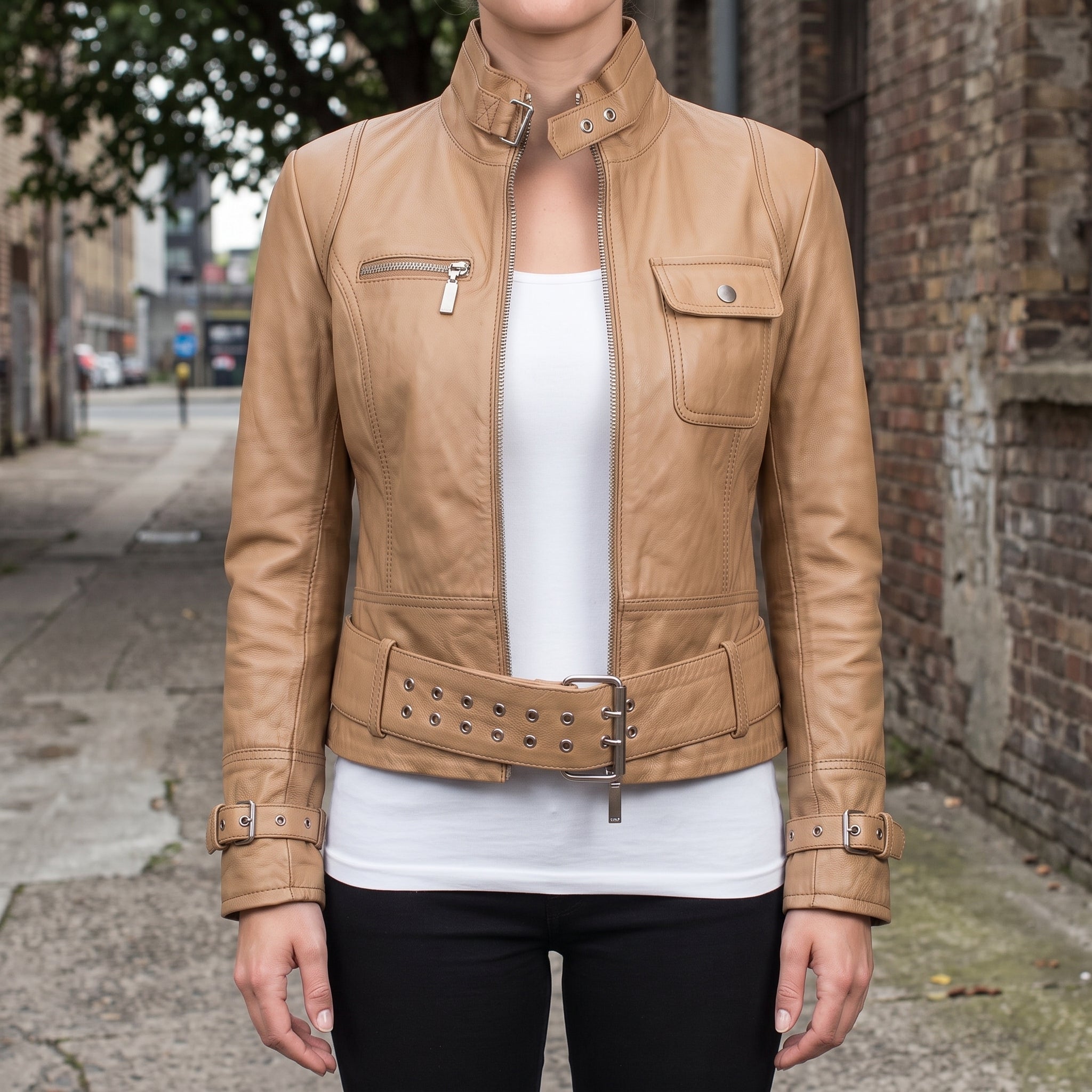 Women's Tan Leather Biker Jacket — Townley