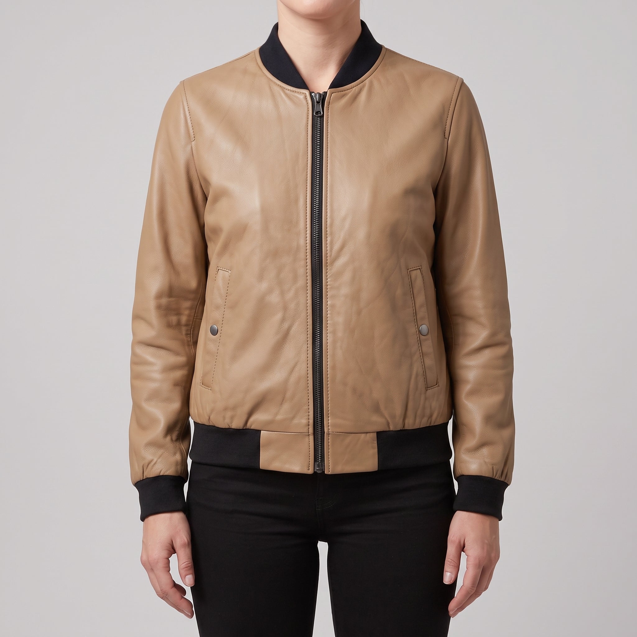 Women's Tan Leather Bomber Jacket — Elliot