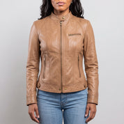 Women's Tan Leather Cafe Racer Jacket — Berrick