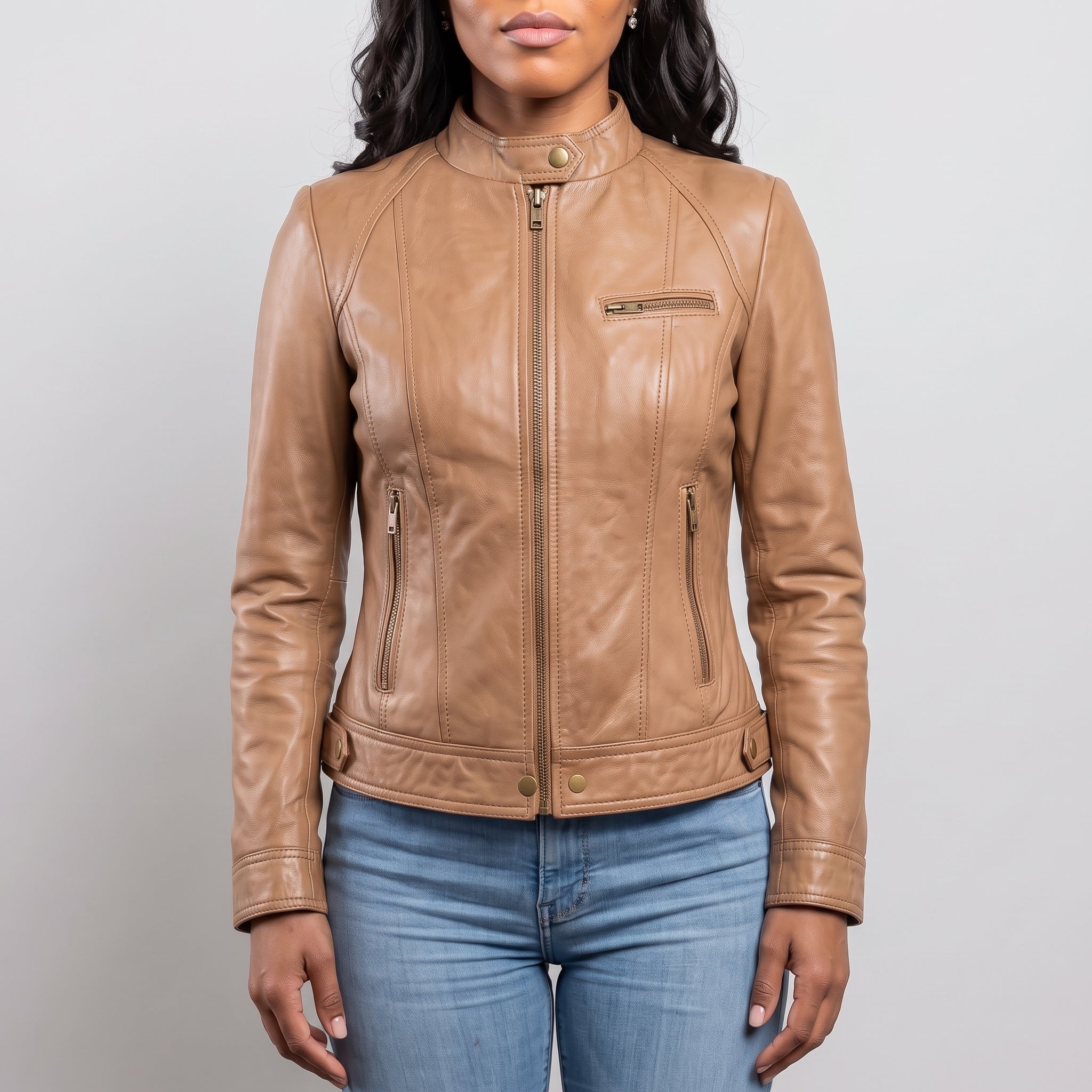 Women's Tan Leather Cafe Racer Jacket — Berrick