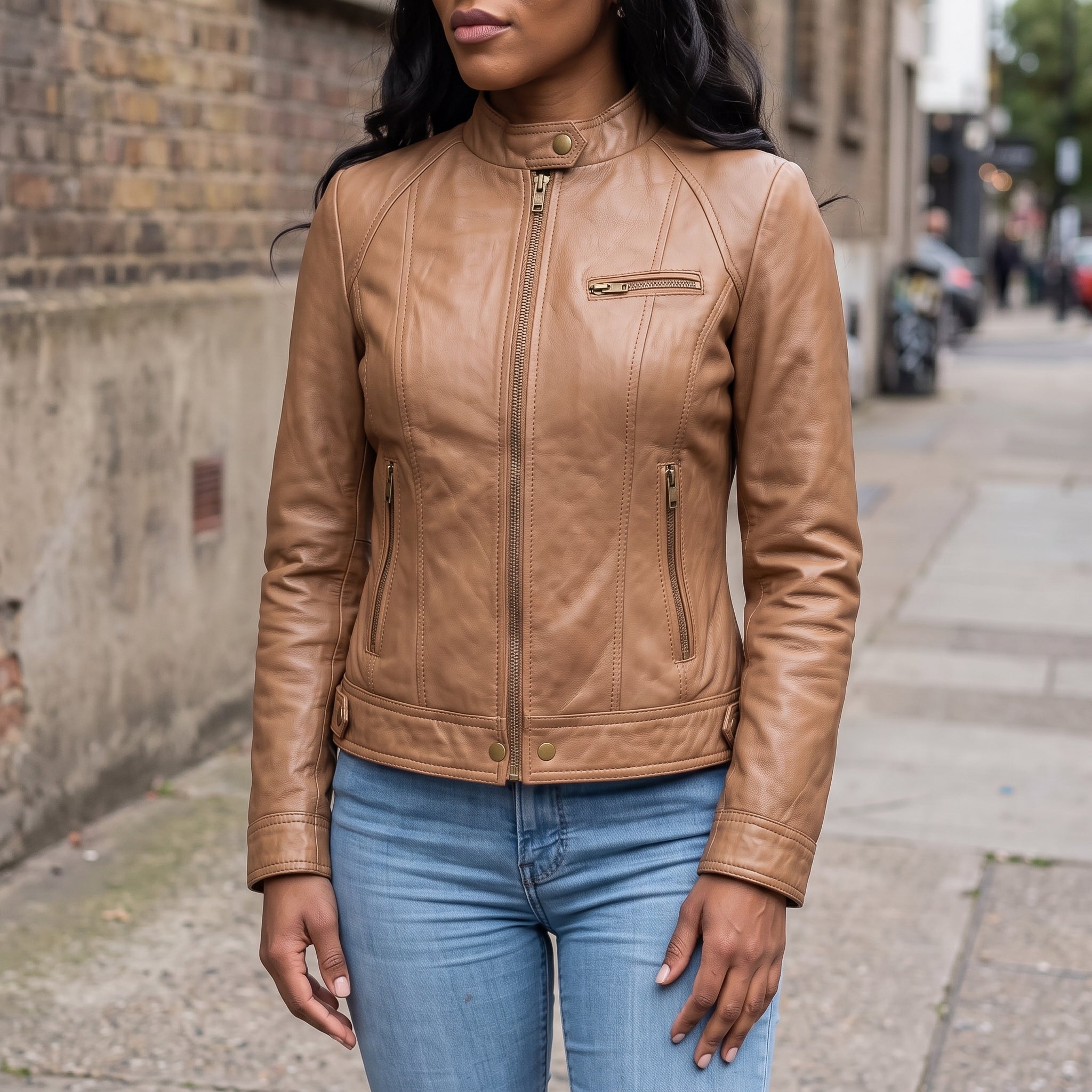 Women's Tan Leather Cafe Racer Jacket — Berrick